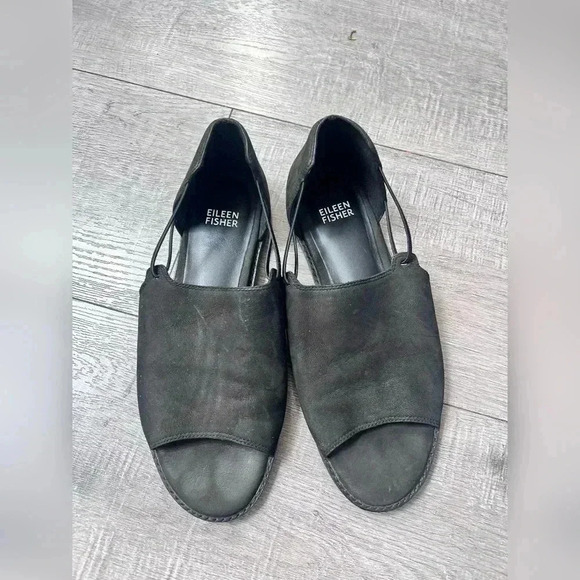 Eileen Fisher Spell Open-Toe d'Orsay Flats Size 8 Black Nubuck LIKE NEW - Picture 2 of 6